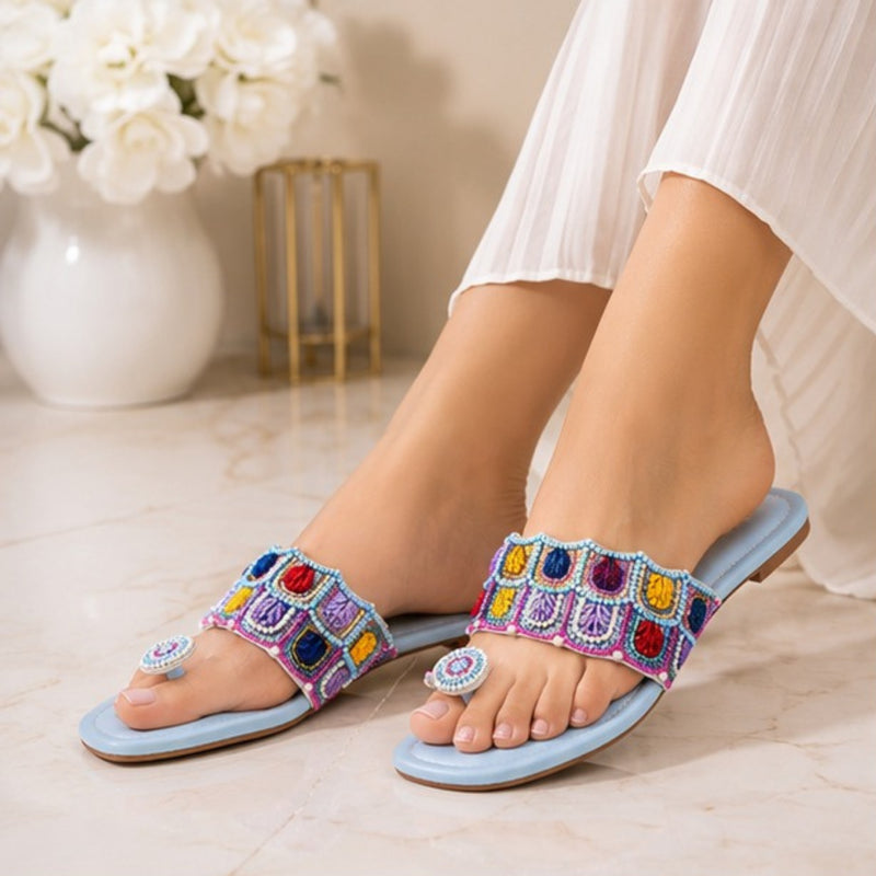ZABA Womenâs Blue Embellished Flat Slippers