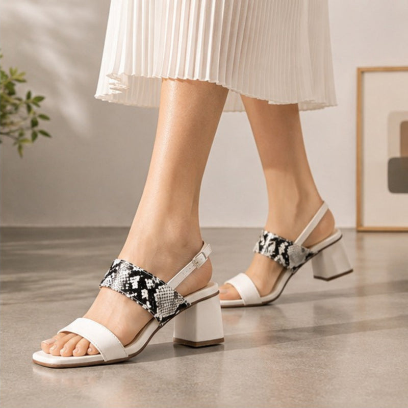 ZABA Womenâs White & Snake Print Block Heel Sandals