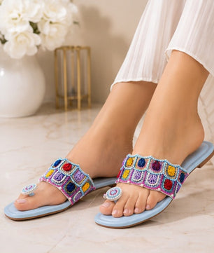 ZABA Women’s Blue Embellished Flat  Slippers