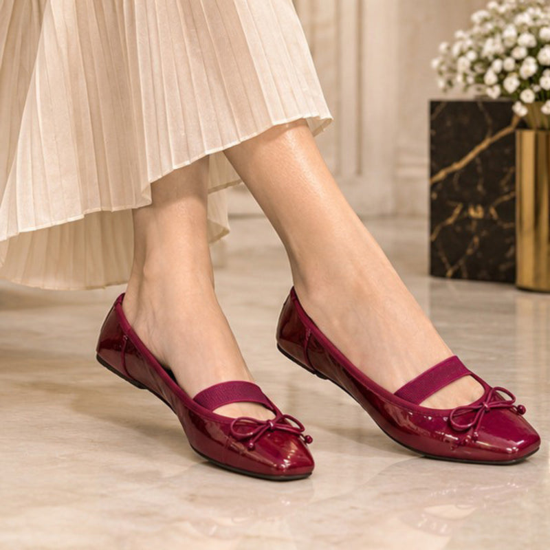 ZABA Elegant Burgundy Patent Mary Jane Flats with Bow Detail