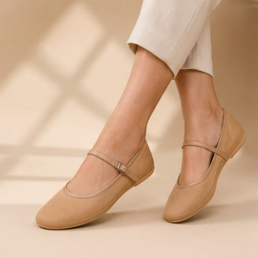 ZABA Women’s Beige Mary Jane Flats – Lightweight Comfortable Everyday Shoes