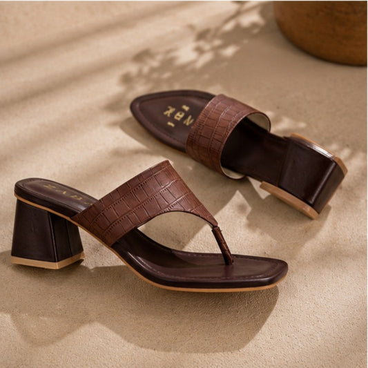 ZABA Women’s Brown Crocodile-Texture Block Heel Mules | Elegant & Comfortable Slip-On Sandals