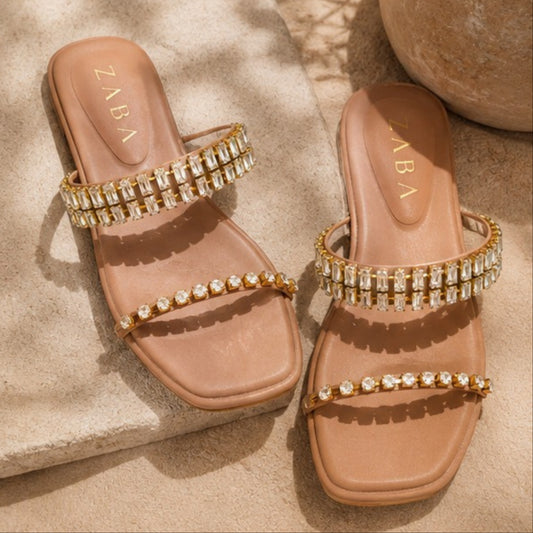 ZABA Ladies Brown Rhinestone Comfort Sandals – Premium Stylish Slip-On