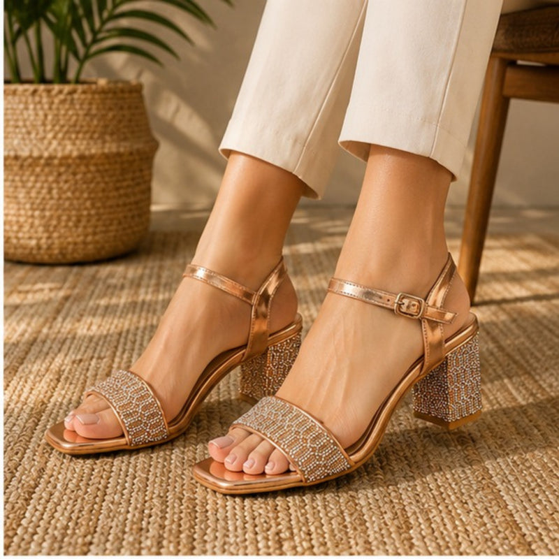 ZABA Golden Rhinestone Block Heel Sandals for Women – Elegant Party & Everyday Wear