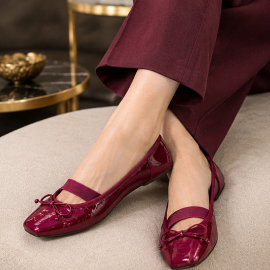 ZABA Elegant Burgundy Patent Mary Jane Flats with Bow Detail