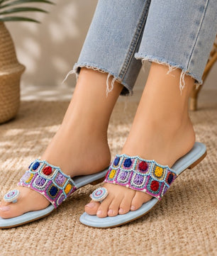 ZABA Women’s Blue Embellished Flat  Slippers