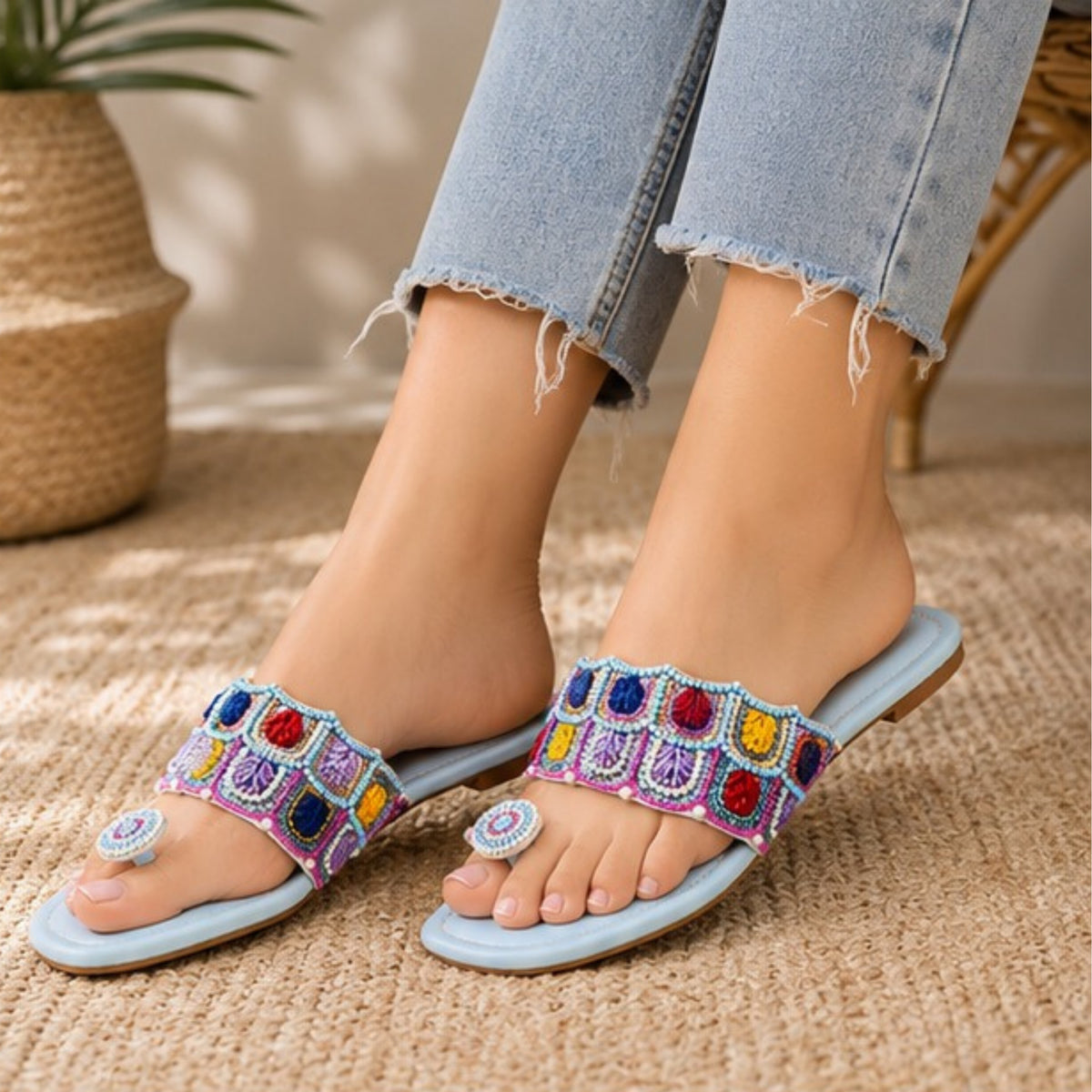 ZABA Women’s Blue Embellished Flat  Slippers
