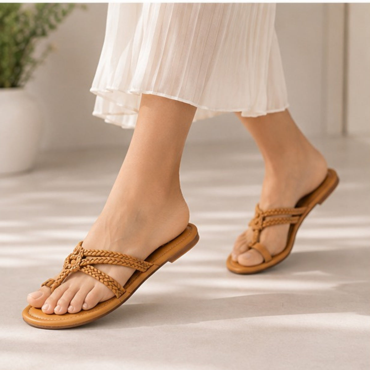 ZABA Women’s Camel Brown Braided Comfort Slippers