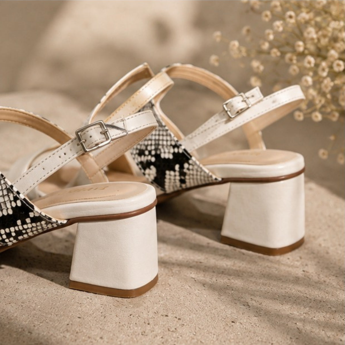 ZABA Women’s White & Snake Print Block Heel Sandals