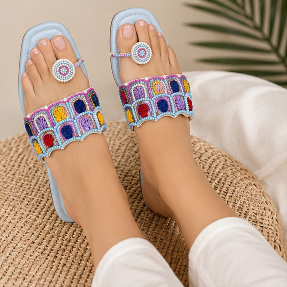 ZABA Women’s Blue Embellished Flat  Slippers