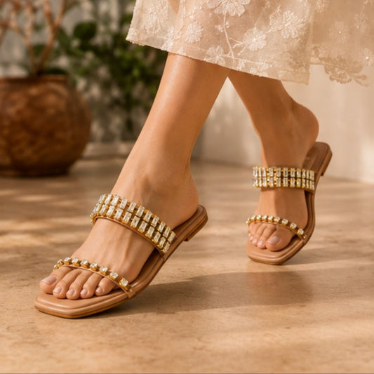 ZABA Ladies Brown Rhinestone Comfort Sandals – Premium Stylish Slip-On