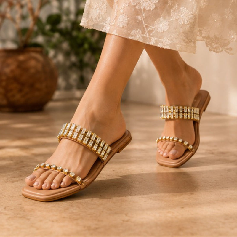 ZABA Ladies Brown Rhinestone Comfort Sandals – Premium Stylish Slip-On